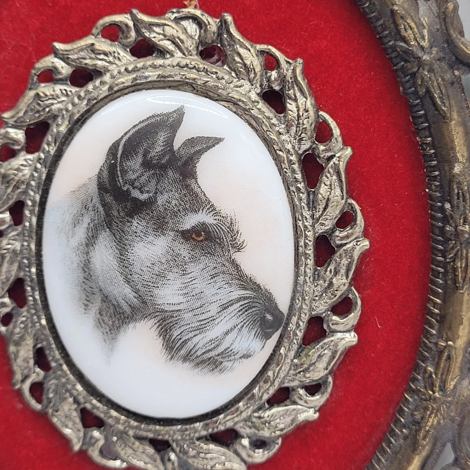 Vintage Schnauzer Dog Cameo Red Felt Back Ground Frame Made in Italy Collectible - Image 4 of 4