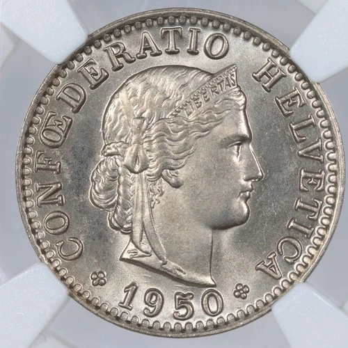 1950-B Switzerland 20 Rappen - NGC MS66
