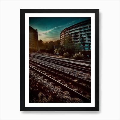 Zug Schienen bei Sonnenuntergang Kunstdruck gerahmt Wandbild Poster Leinwanddruck Bild
