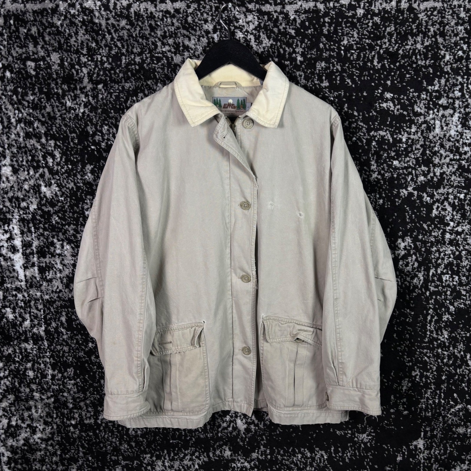 Vintage EMS Eastern Mountain Sports Flannel Lined Chore Barn Coat Beige Mens L