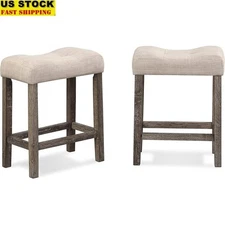 Set of 2 Contemporary Counter Height Stools Tufted Saddle Seat Rubberwood Frame