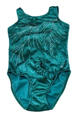 Green Sparkle Destira Gymnastics Leotard Girls XL with Scrunchie
