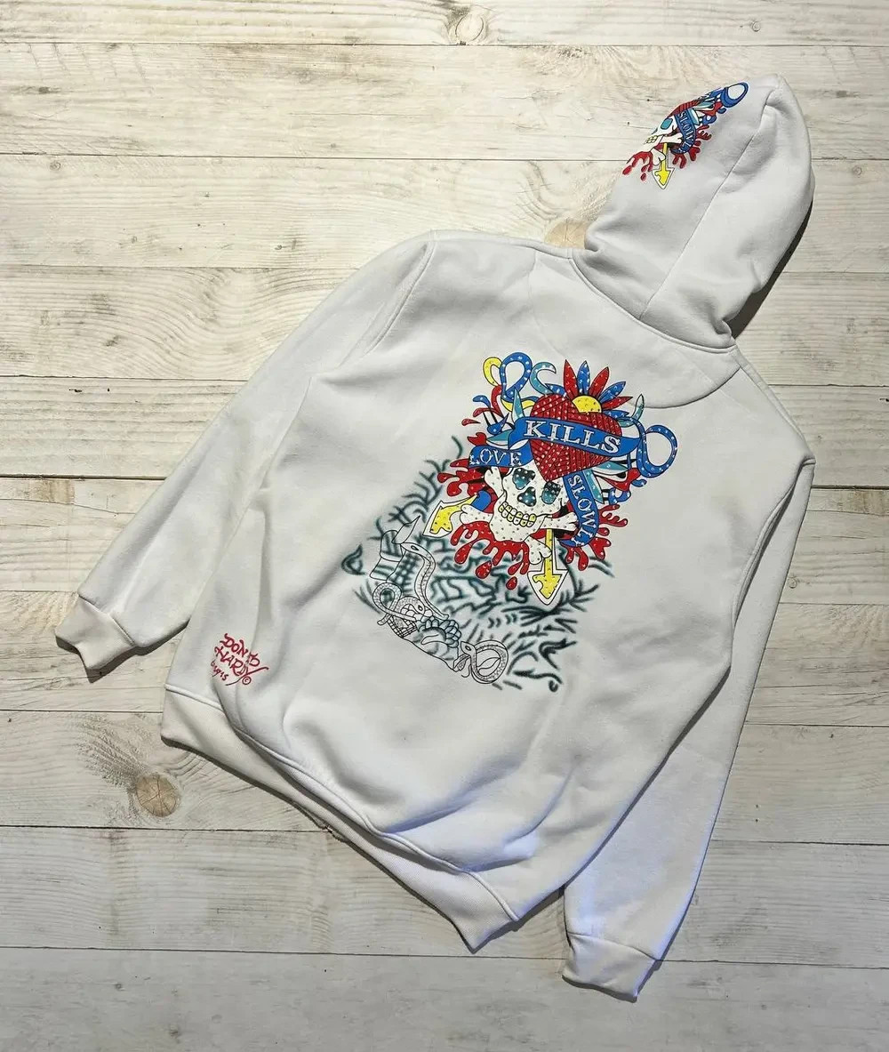 Vintage Ed Hardy Hoodie Full Zip Y2K 90s Skull Kills Love Men Size
