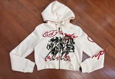 NWT Ed Hardy Western Horses Cowboy Skull Ivory Cropped Zip Up Hoodie Sz L