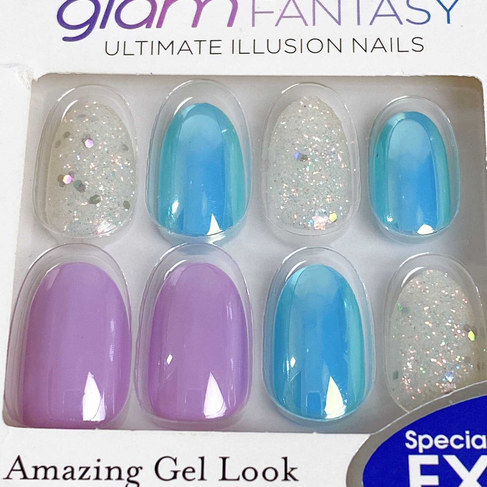Kiss Nails Glam Fantasy Purple Blue Silver Oval Short Lgth Glitter