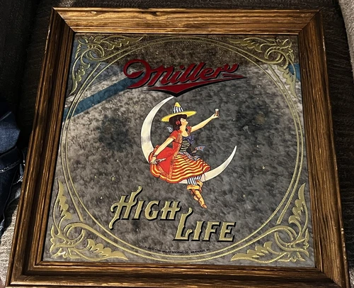 Vintage Miller High Life 1980 “Girl on the Moon" Witch Beer Mirror Bar Sign