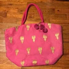 Pink & Gold Jute Mud Pie Beach Bag with Pom Poms - EUC