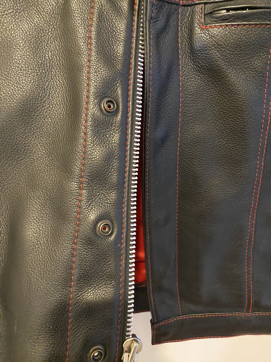 Espinoza Leather Vest Size XL Black Leather With Red Stitching | eBay