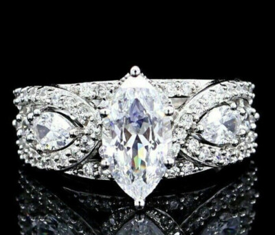 Cluster Engagement Anniversary Ring 14K White Gold Over 2.1 Ct Simulated Diamond
