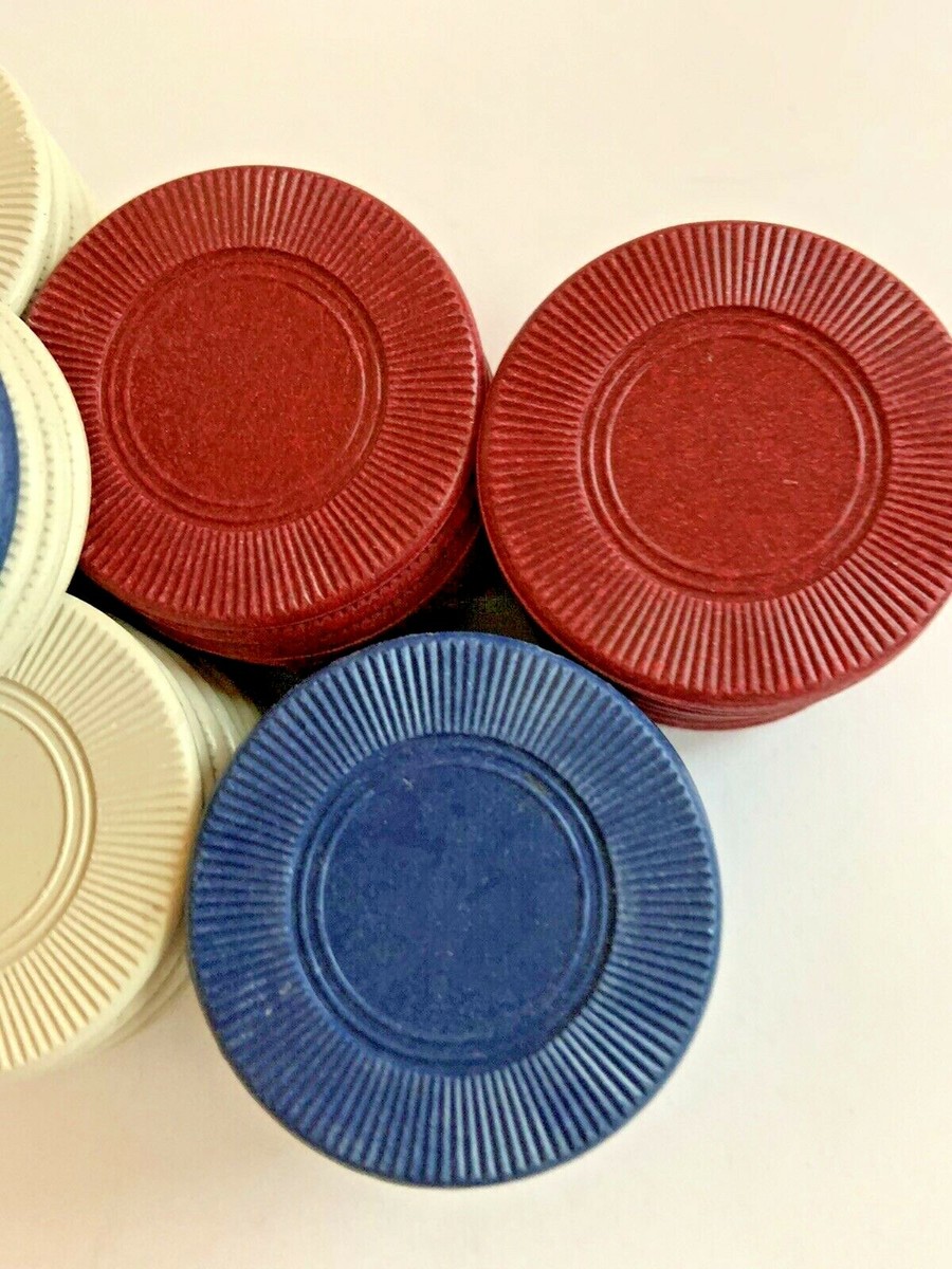 67 Vintage Composite Clay Embossed Red White Blue Poker Chips