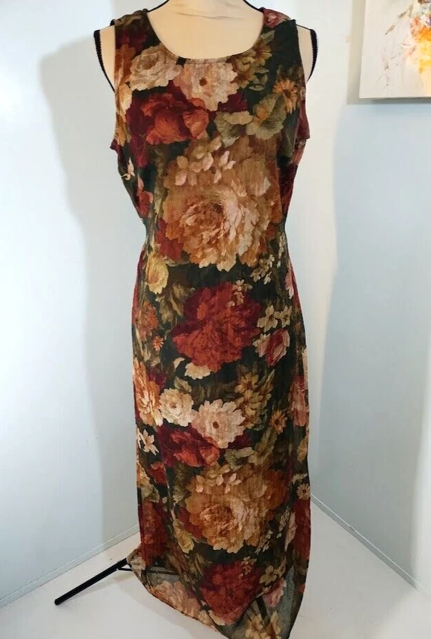 VETEMENTS Abito Dawn Joy Fashions taglia 10 floreale senza maniche foderato vita lunga cravatta trasparente