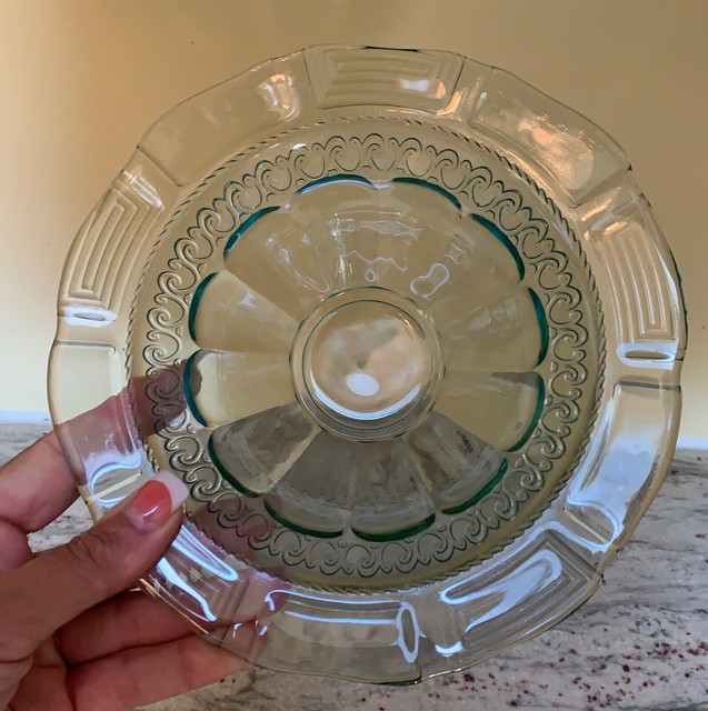 Teal Blue Depression Glass Vegetable Serving Bowl 8" Geometric & Waves