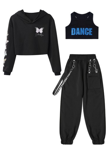 Girls Set Jazz Outfit Running 3 Piece Practice Tops With Trousers Dance Yoga - Picture 11 of 48