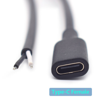 2pcs 1M/3.3FT USB C Type C Female Jack 2 wire Bare Pigtail Cable 22AWG Black