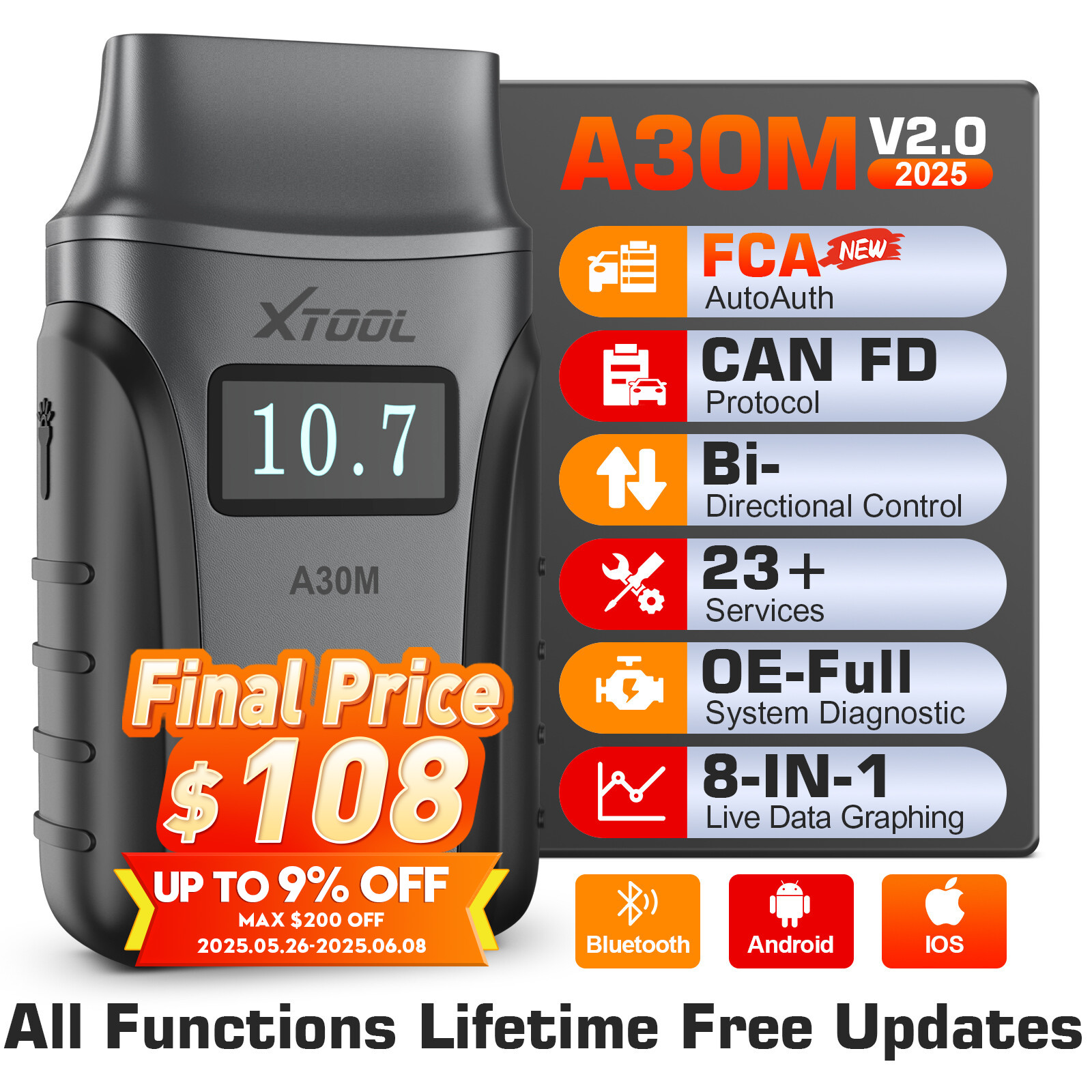 XTOOL A30M V2.0 Wireless OBD2 Scanner Bidirectional Full System Diagnostic Tool