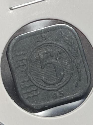 NETHERLANDS WILHELMINA 1943 5 CENTS WWII GERMAN OCCUPATION Square Shape ZINC - Picture 3 of 5