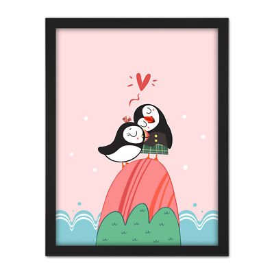 Puffins in Love Large Framed Art Print Wall Poster