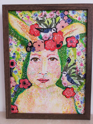 Original Naive Volkskunst Acryl Gemälde auf Leinwand - Hasenbraut