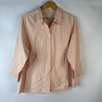 Sonoma Button Front Shirt Women 2X Peach Striped 3/4 Sleeve Cotton Classic