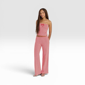 Women's Red/White Striped Wide-Leg Pull-On Pants Set w/ Bow, Strapless Top