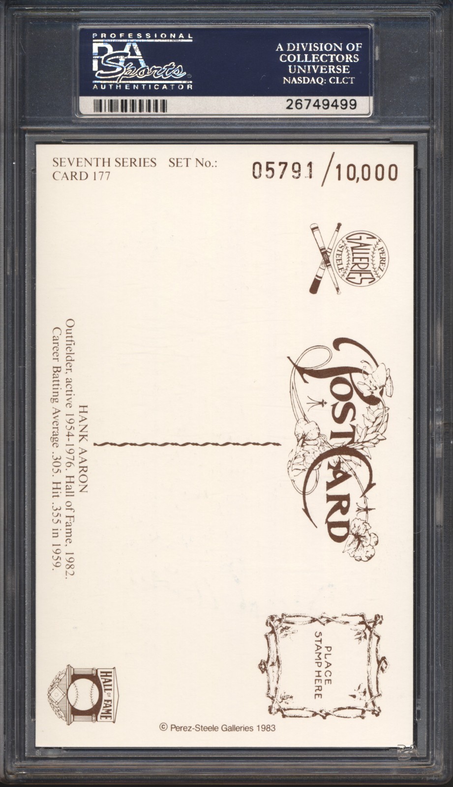 1983 Perez-Steele AUTO Postcard Hank Aaron #177 PSA/DNA Authentic BRAVES HOF view 2