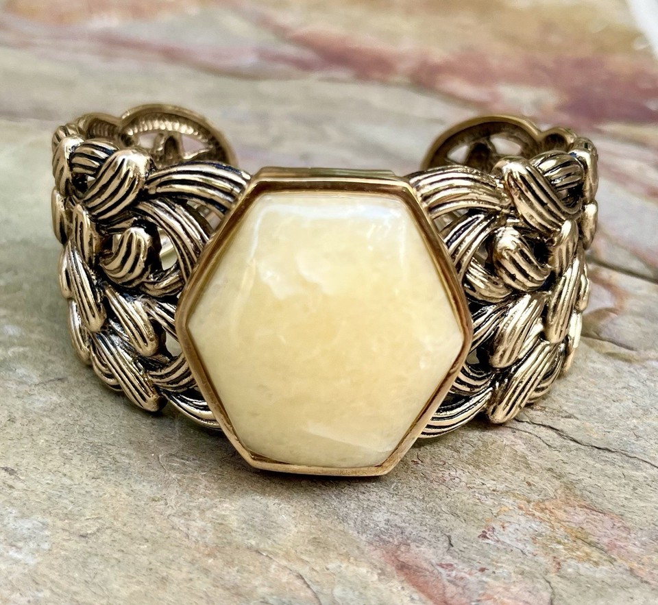 Barse NWT Genuine Butter Yellow Agate Bronze Statement Cuff Bracelet | eBay