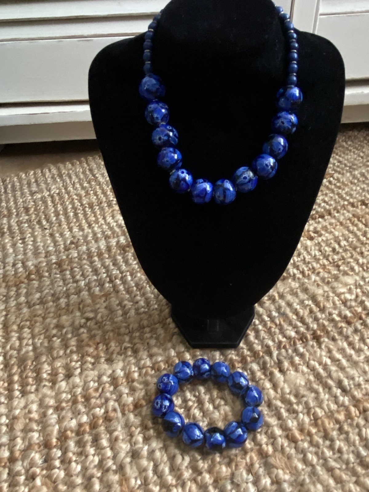 Statement Blue Chunky Patterned Bead Necklace And… - image 15