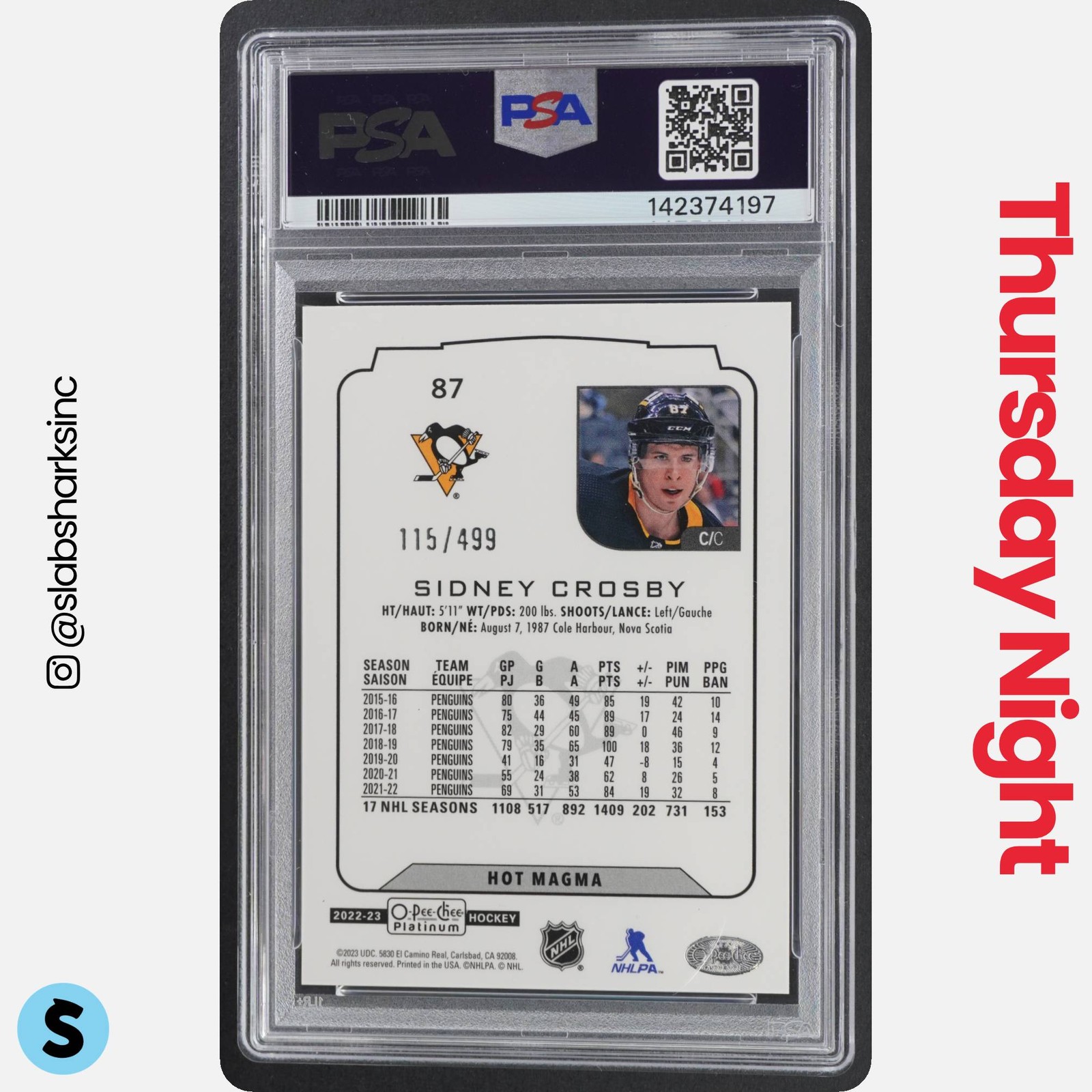 2022 UPPER DECK O-PEE-CHEE PLATINUM #87 SIDNEY CROSBY HOT MAGMA /499 PSA 9 view 2