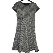 Talbots Tweed Dress Classic Preppy Black Cream Metallic Short Sleeve Fringe 2