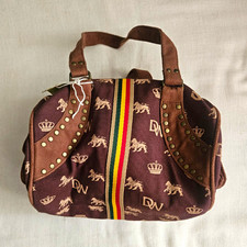 Brown Logo Print Satchel Top Handle Bag Double Handles Zip Studded Suede Trim