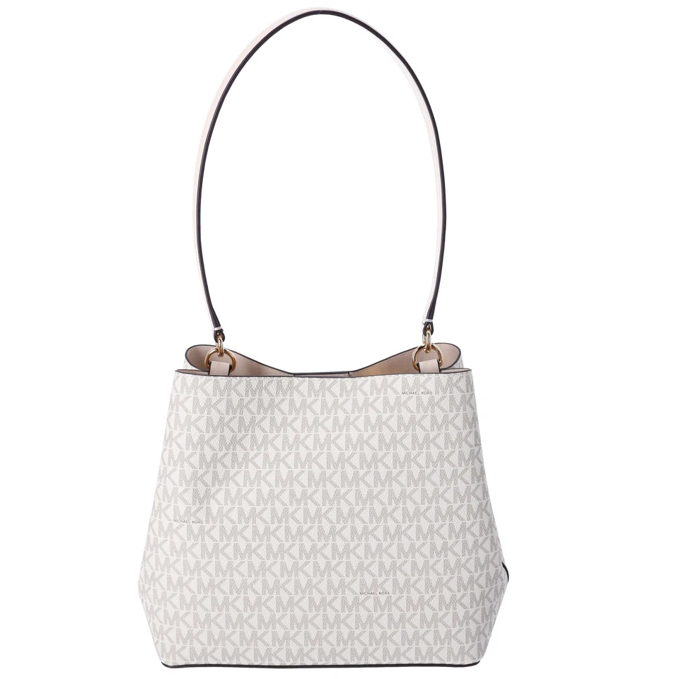 Bolso tipo cubo de hombro mediano Michael Kors Pratt logotipo de firma crema claro MK Foto 3 de 4