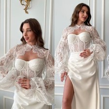 Wedding Bolero Topper Jacket Bride Appliques Lace Beading Dresses Long Sleeves