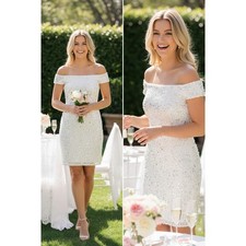 ADRIANNA PAPELL DRESS 10 WHITE SEQUIN BEADED OFF SHOULDER SHORT BRIDAL BRIDE