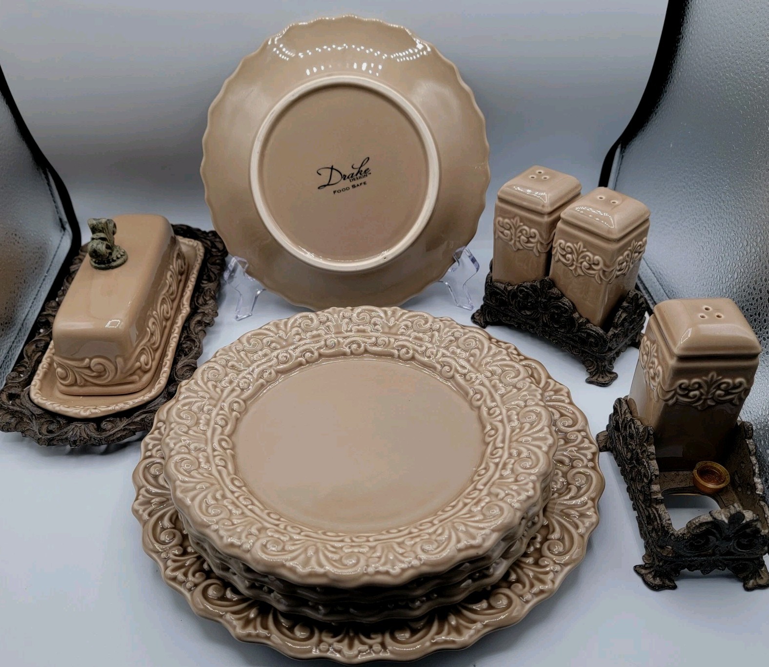 Drake Design Dinnerware. You Pick. Taupe Tuscan Scroll Patte