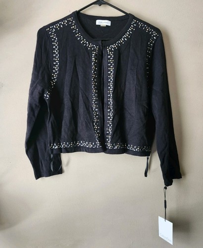 NWT Calvin Klein Women's Black Cropped Cardigan with Rhinestones Size Large - Picture 9 of 9