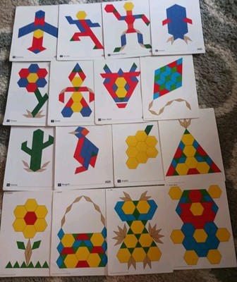 Large Lot Educational Wood Pattern Blocks & Patterns ~ Geometric Shapes Art Work