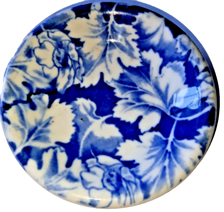 Vtg English? Chunky Ironstone BUTTER PAT Plate Transfer Blue Chintz Leaf Flower