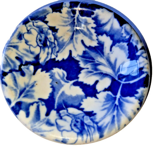 Vtg English? Chunky Ironstone BUTTER PAT Plate Transfer Blue Chintz Leaf Flower