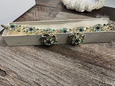 Vintage BSK Signed Iridescent Rhinestone Bracelet & Earrings Jewelry Set Silver