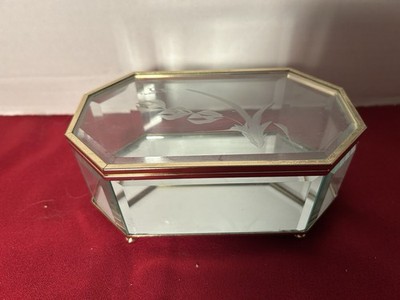 Vintage Beveled Glass Jewelry Trinket Box w/ Etched Lid & Mirrored Bottom