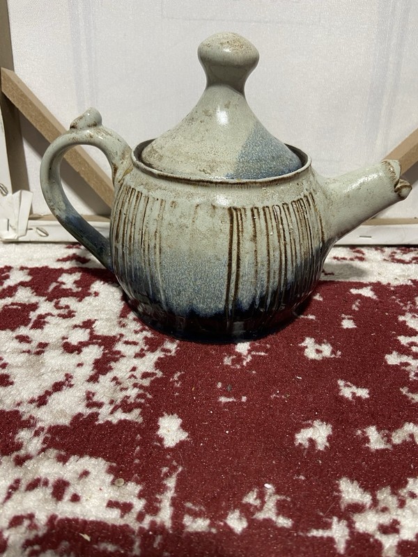 Art Pottery Teapot With Lid, Drip, Matte Glaze, Light Gray And Blue
