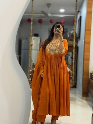 Handmade Rust Pure Cotton Anarkali Suit Damen Bollywood Kurta Set mit Dupatta