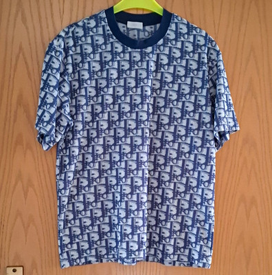 Dior Herren T-Shirt Blau/Weiß Allover-Logo-Print Kurzarm Rundhals L