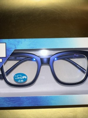 e-specs BLUE LIGHT Filtering Specs Reading Glasses +2.50 CHROME BLUE nice 