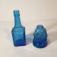 Wheaton Lot of 2 Blue Glass-Ink Well (Washington) and Bitters Bottle