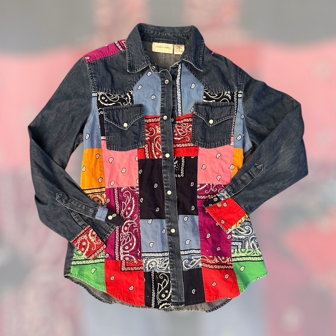 Patchwork Western Jacket 100% Cotton Size Large - image 1
