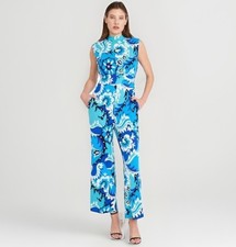 Donna Morgan Jumpsuit Womens 12 Blue Floral Wide Leg Tie Back Keyhole Zip Back