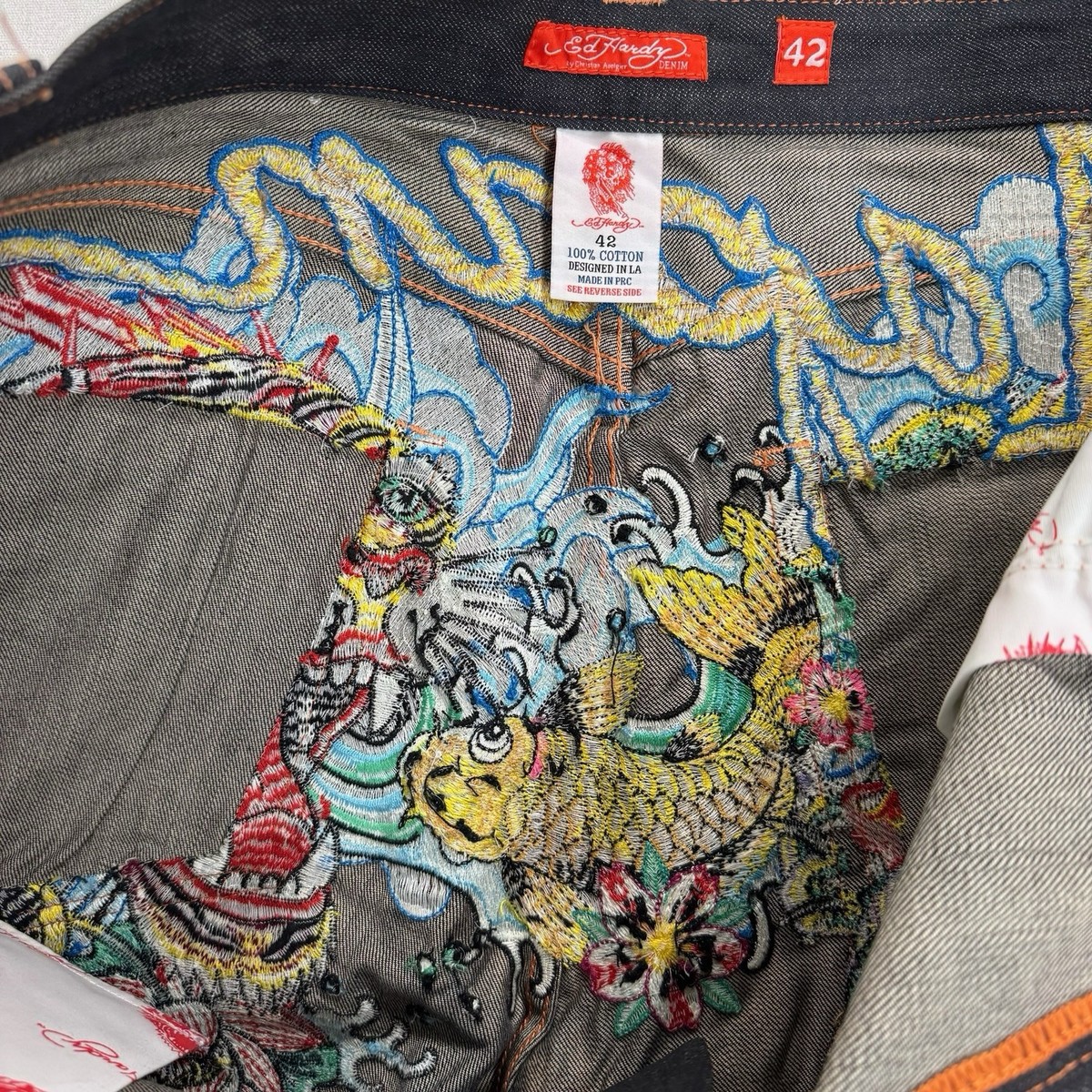 Ed Hardy Dark Denim Shorts Japan Design Dragon Koi Fish Tiger
