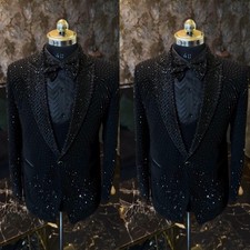 Black Rhinestone Men's Suits Peak Lapel Dinner Wedding Groom Tuxedo Two Pieces