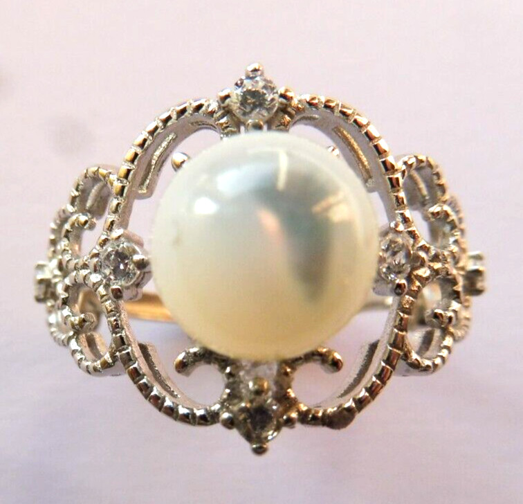 Bague de Perle véritable en Nacre massive 8mm réglable en Argent 925